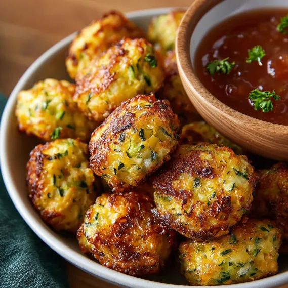 A bowl of zucchini tots with a dipping sauce.