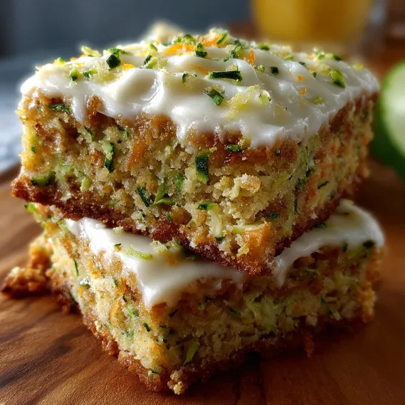 A stack of three zucchini bars with cream cheese frosting.