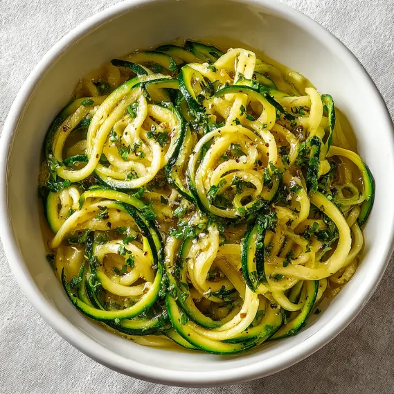 A bowl of garlic-infused zoodles with olive oil.