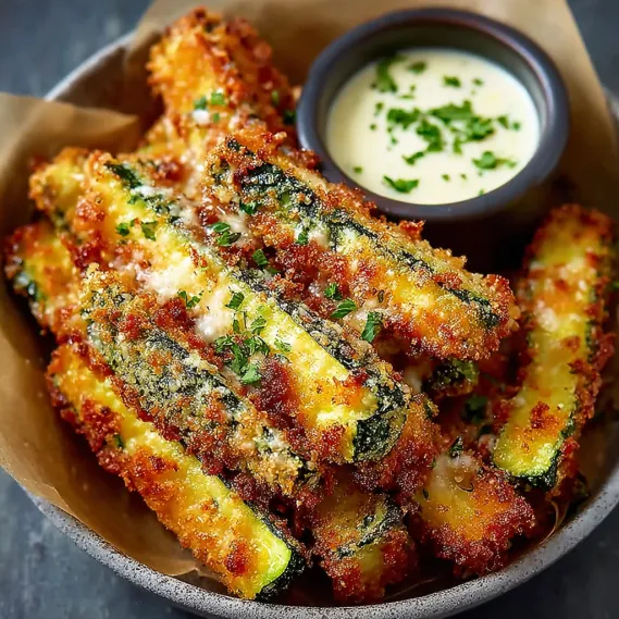 A bowl of fried zucchini with parmesan cheese.