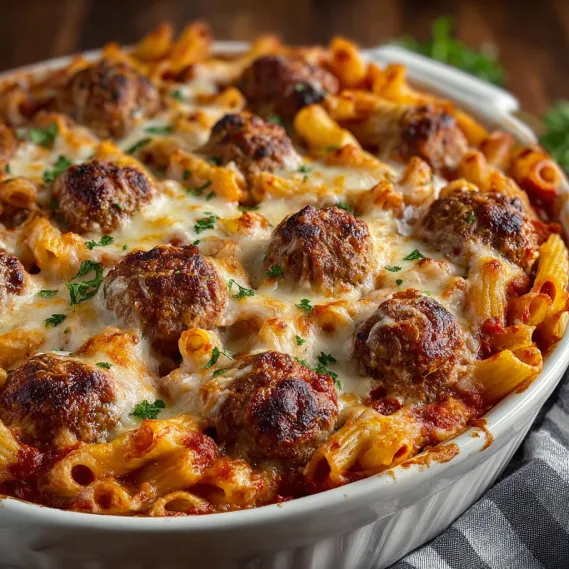 A dish of baked ziti with meatballs.