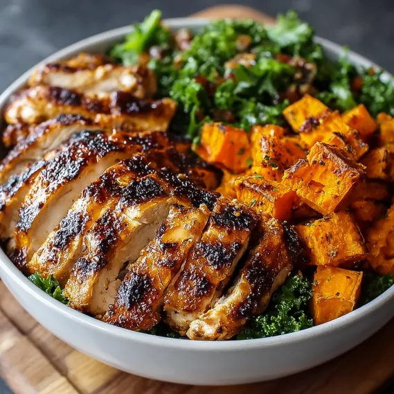 A bowl of grilled chicken and sweet potatoes.
