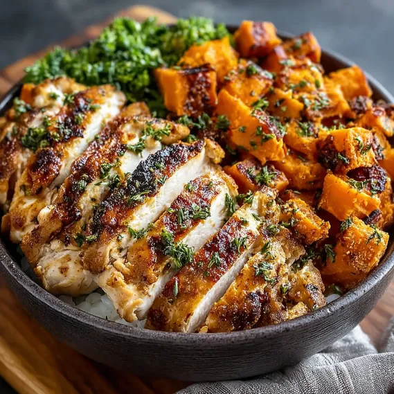 A bowl of grilled chicken and sweet potatoes.