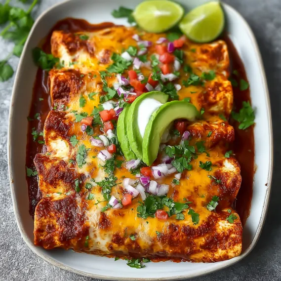 A plate of chicken enchiladas with a slice of lime on top.