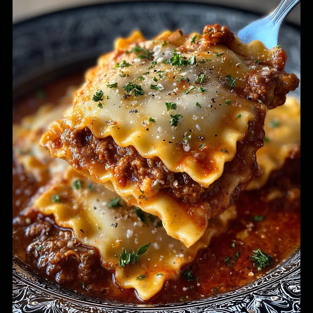 A plate of lasagna with meat and cheese.