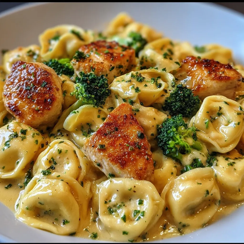 A plate of creamy garlic parmesan tortellini with chicken and broccoli.