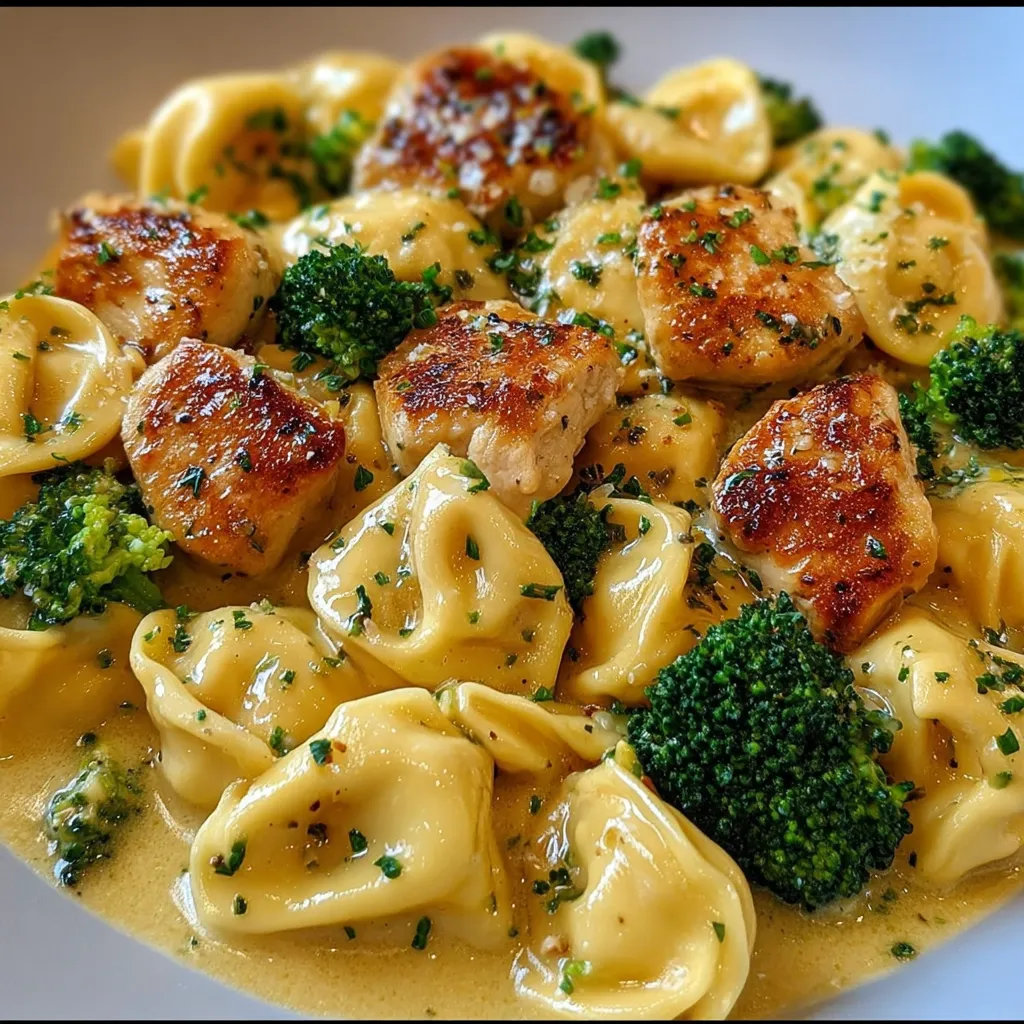 A plate of creamy garlic parmesan tortellini with chicken and broccoli.
