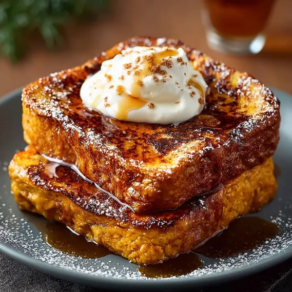 A stack of French toast with a dollop of whipped cream and a drizzle of syrup.