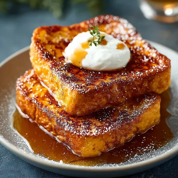 French toast with whipped cream and powdered sugar.