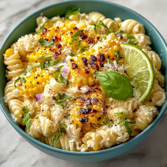 A bowl of creamy street corn pasta salad.