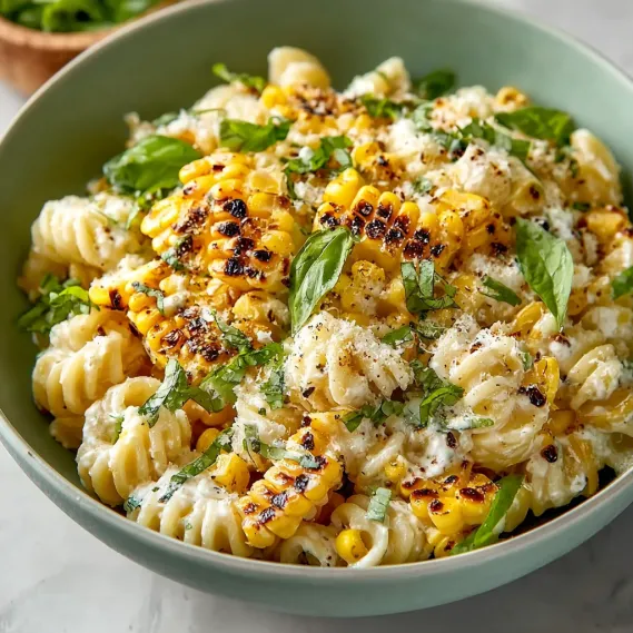 A bowl of creamy street corn pasta salad.