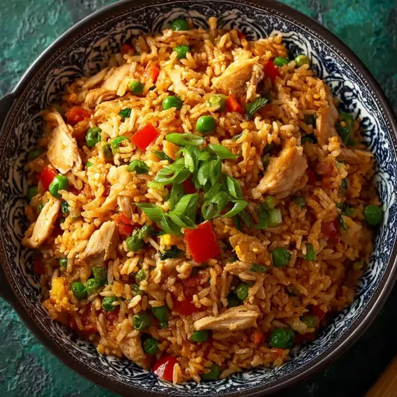 A bowl of rice with chicken and peppers.