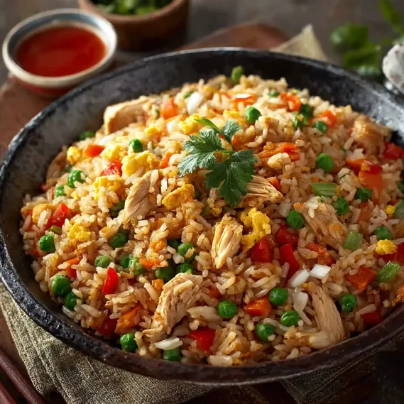 A bowl of Chinese chicken fried rice.