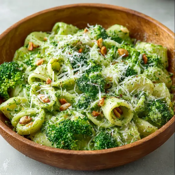 A bowl of pasta with broccoli and cheese.