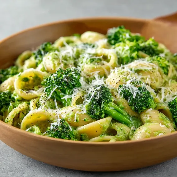 A bowl of pasta with broccoli and cheese.