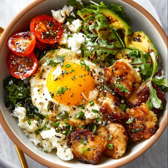 A savory breakfast bowl with eggs, tomatoes, and greens.
