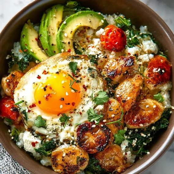 A bowl of food with a fried egg, avocado, tomato, and rice.