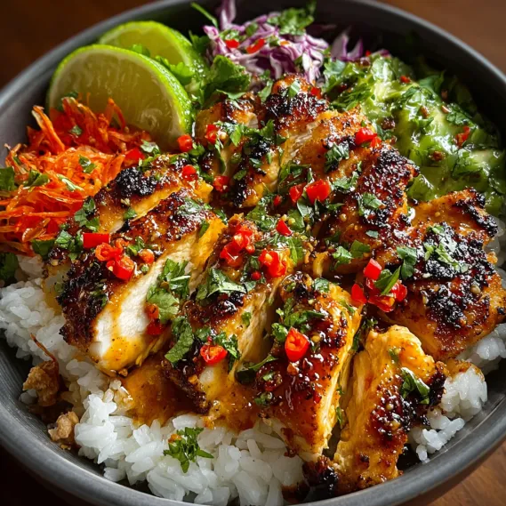 A bowl of spicy maple chicken and coconut rice.
