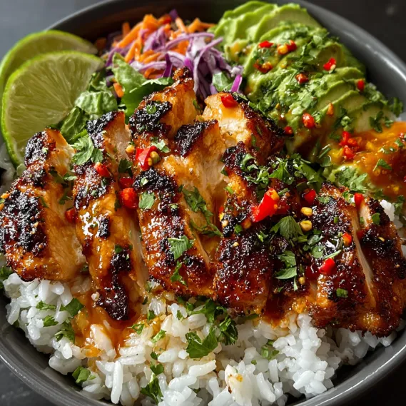 A bowl of food with rice, chicken, and vegetables.