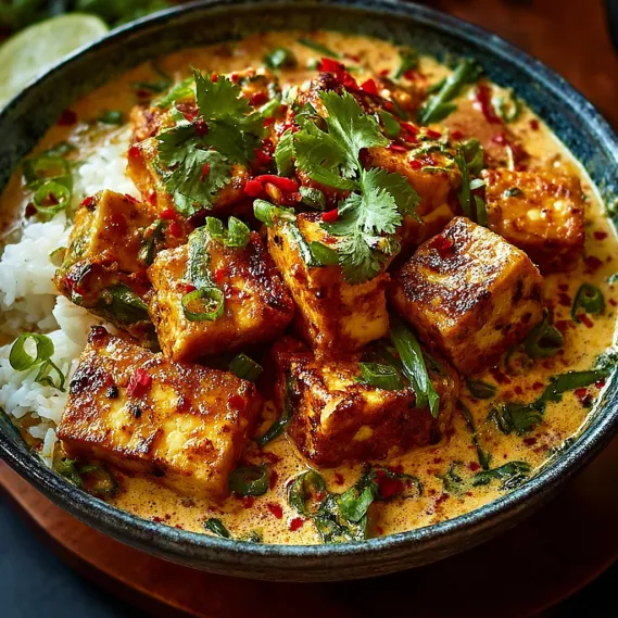 A bowl of food with tofu and vegetables.