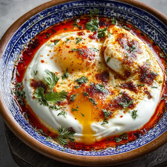 A bowl of eggs with a red sauce.