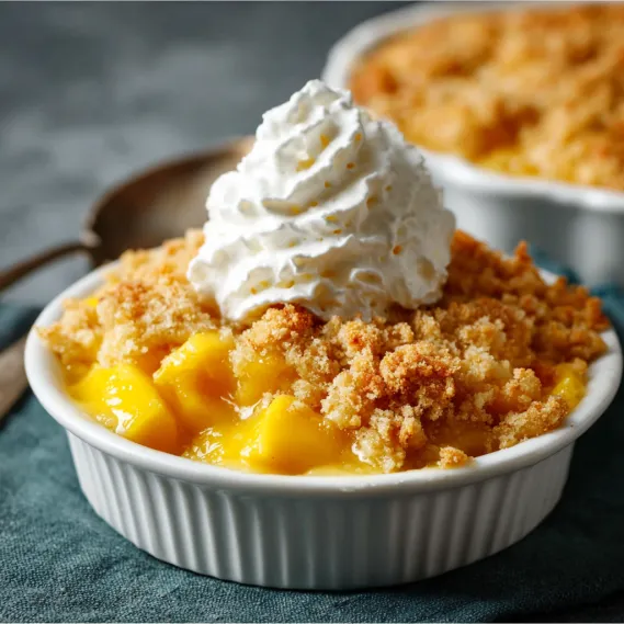 A bowl of mango crumble with whipped cream on top.