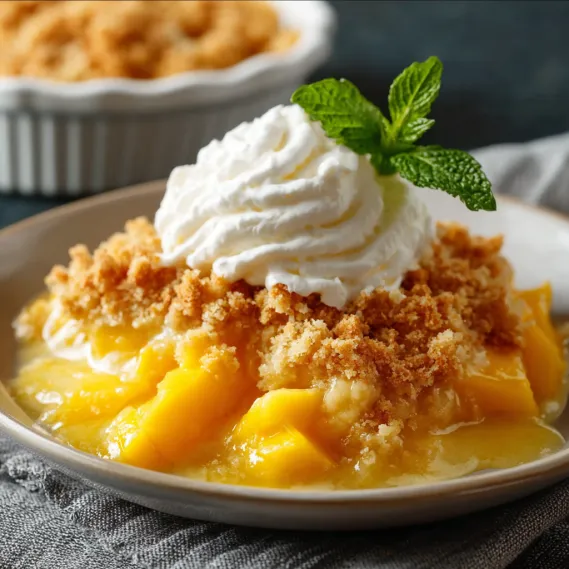 A bowl of mango crumble with whipped cream on top.