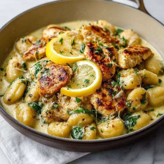 A dish of chicken and gnocchi with lemon and herbs.