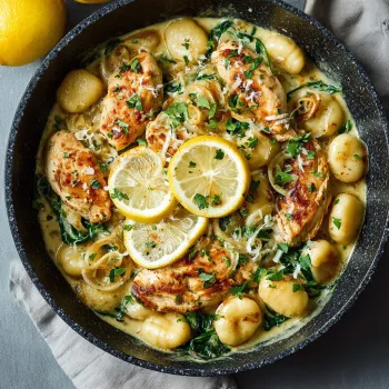A bowl of lemon chicken gnocchi.