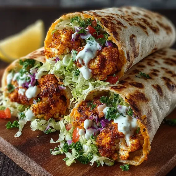 Two wraps filled with spicy buffalo cauliflower.