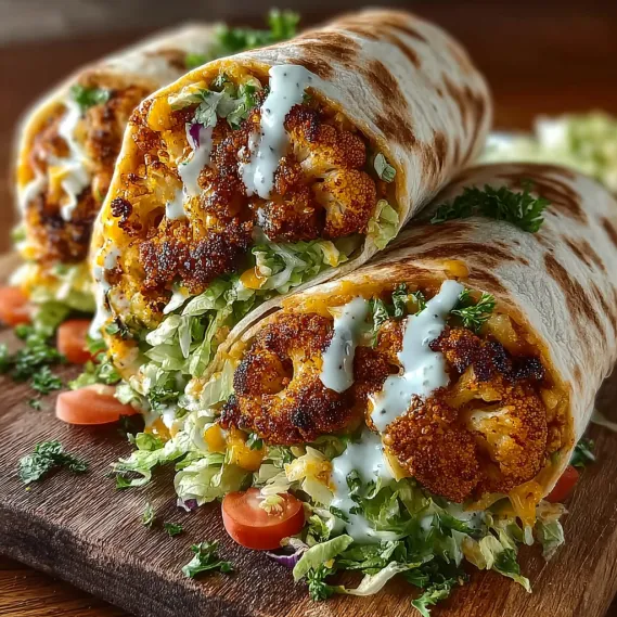 Two spicy buffalo cauliflower wraps on a wooden table.