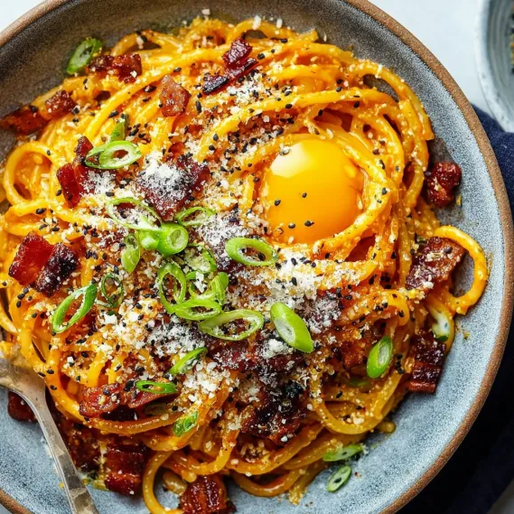 A bowl of gochujang carbonara with bacon and an egg on top.