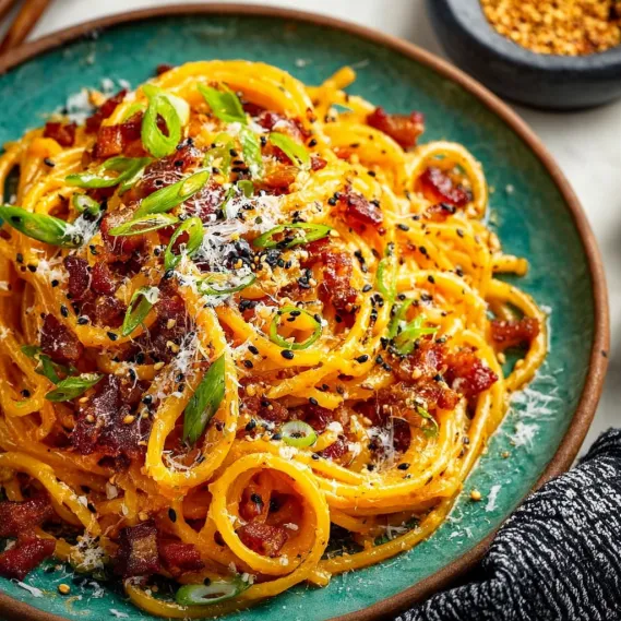 A plate of gochujang carbonara.