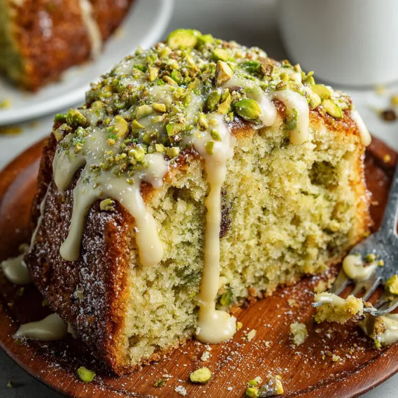 A slice of vegan pistachio coffee cake.