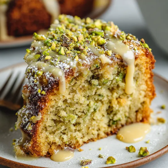 A slice of vegan pistachio coffee cake.