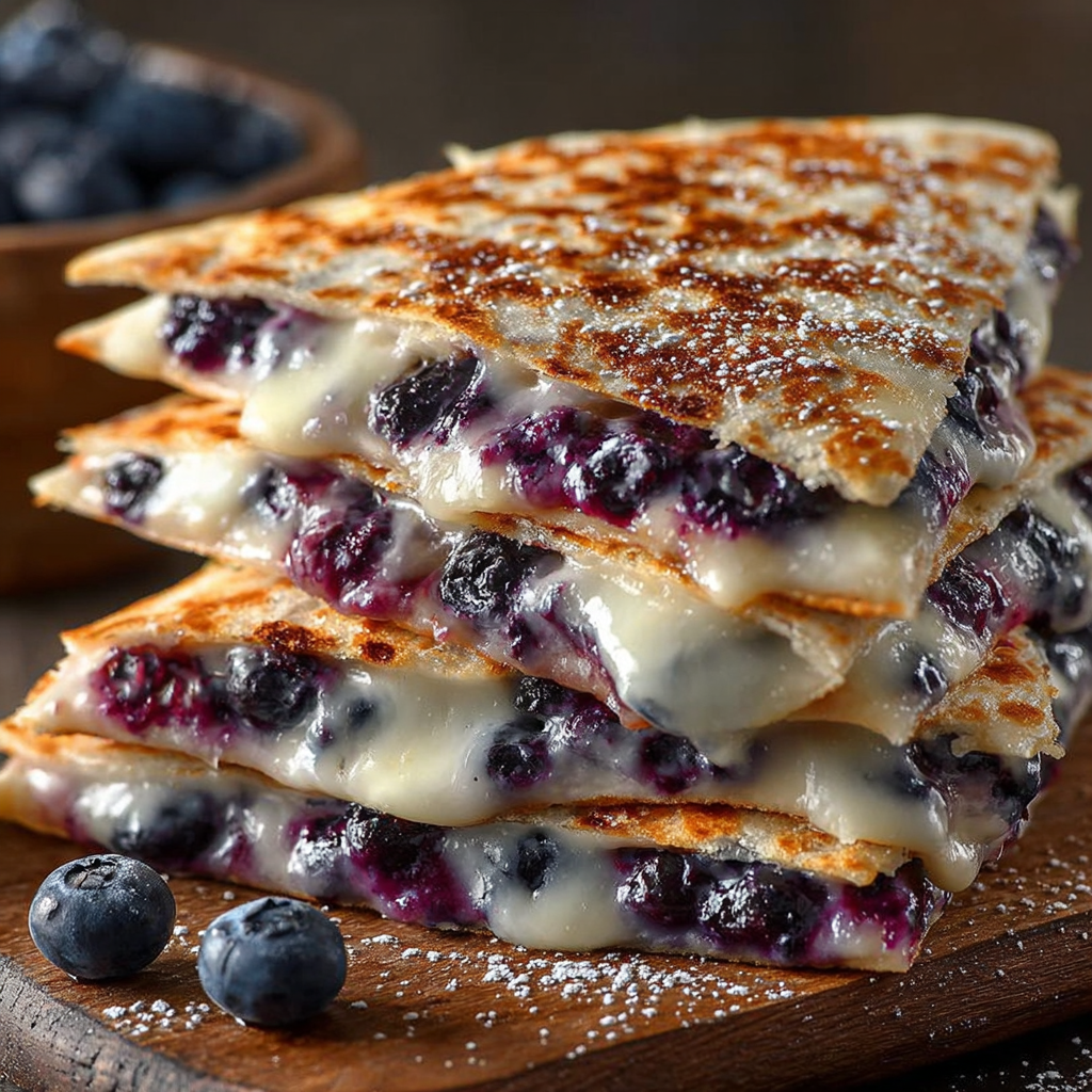 A stack of blueberry breakfast quesadillas.