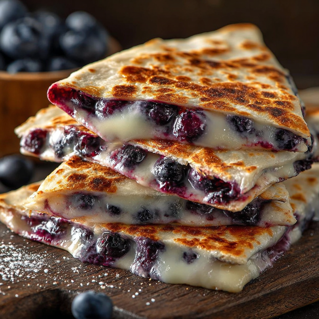 A stack of blueberry breakfast quesadillas.