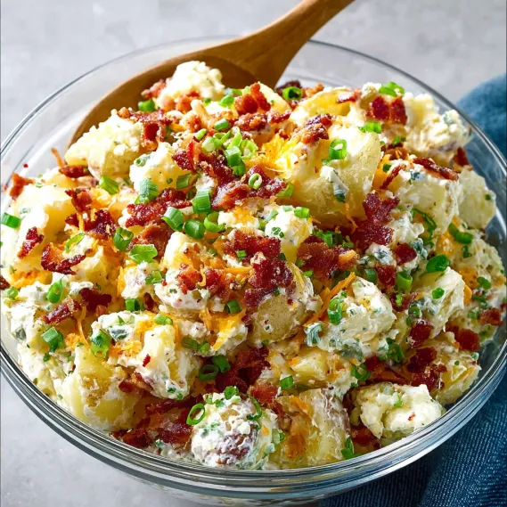 A bowl of loaded baked potato salad.