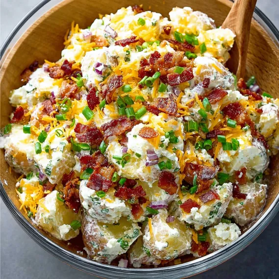 A loaded baked potato salad in a bowl.