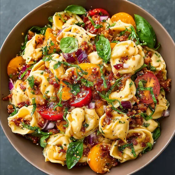 A bowl of pasta salad with tomatoes, onions, and bacon.