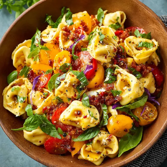 A bowl of pasta salad with tomatoes, spinach, and cheese.