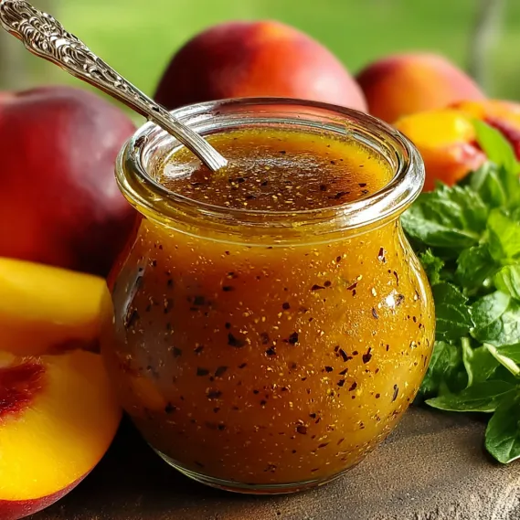 A jar of honey sits on a table next to peaches.