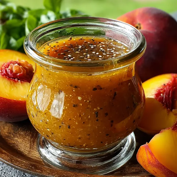 A glass jar of honey with peaches in the background.