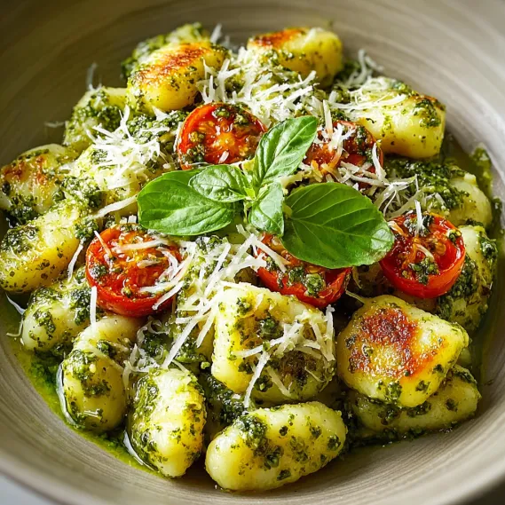 A bowl of creamy pesto gnocchi.