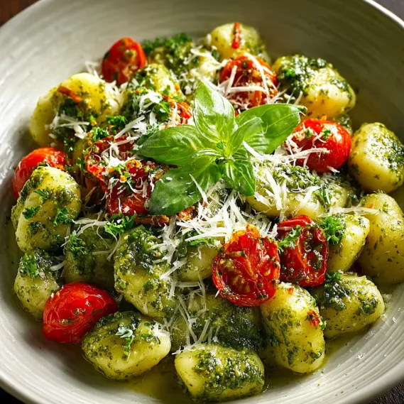 A bowl of creamy pesto gnocchi.