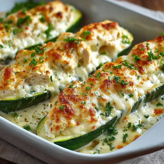 A plate of chicken alfredo stuffed zucchini boats.