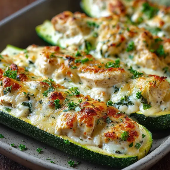 A pan of chicken alfredo stuffed zucchini boats.