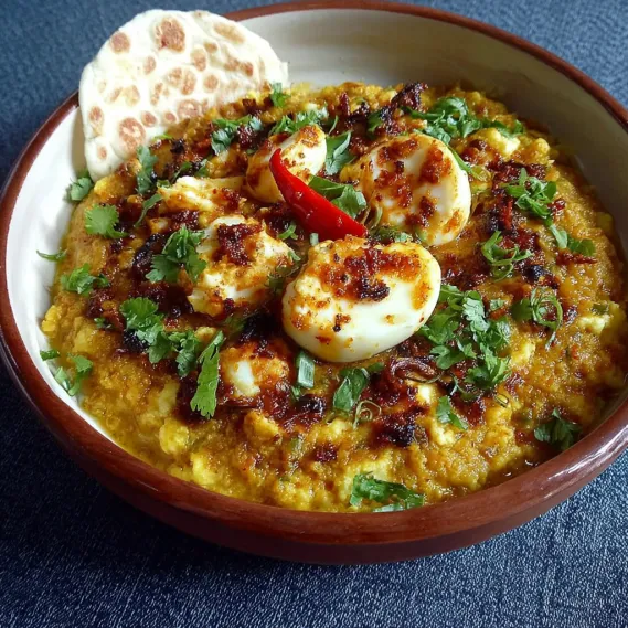A bowl of food with eggs and vegetables.