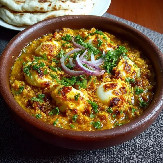 A bowl of food with onions and eggs.