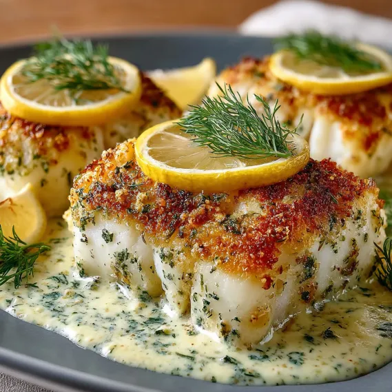 Baked Cod with Lemon-Dill Sauce.
